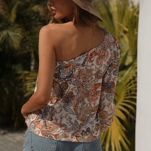Boho Paisley Print One Shoulder Floral Cottagecore Blouse Top - Picture 3 of 5